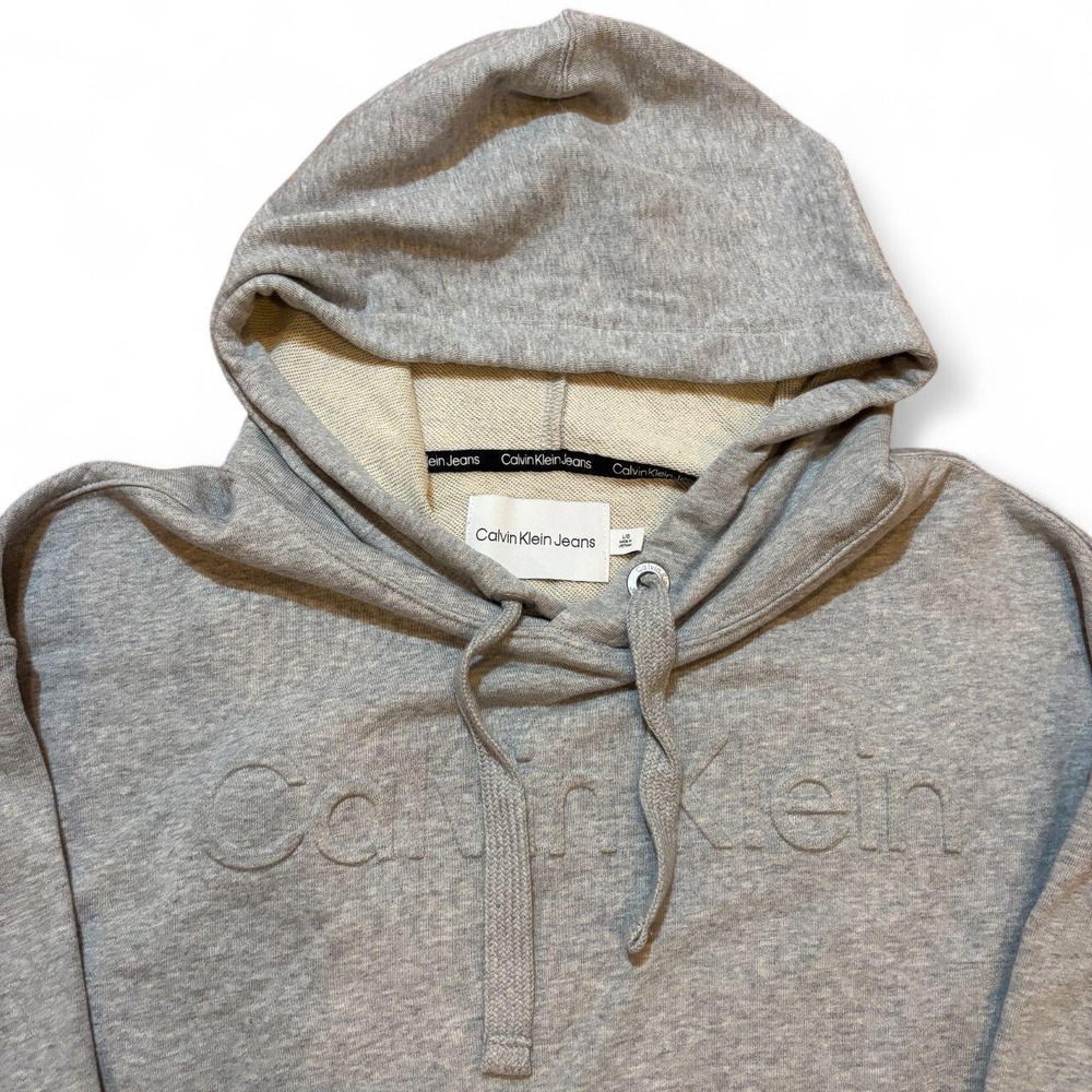 Calvin Klein Jeans Mens Gray Embossed Logo Fleece Pullover Hoodie Large